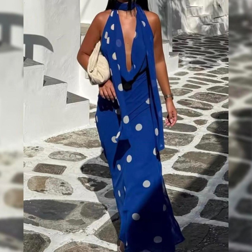 ZARA Blue Polka Dot Halter Backless Maxi w/ Neck Scarf Tie - Picture 2 of 6